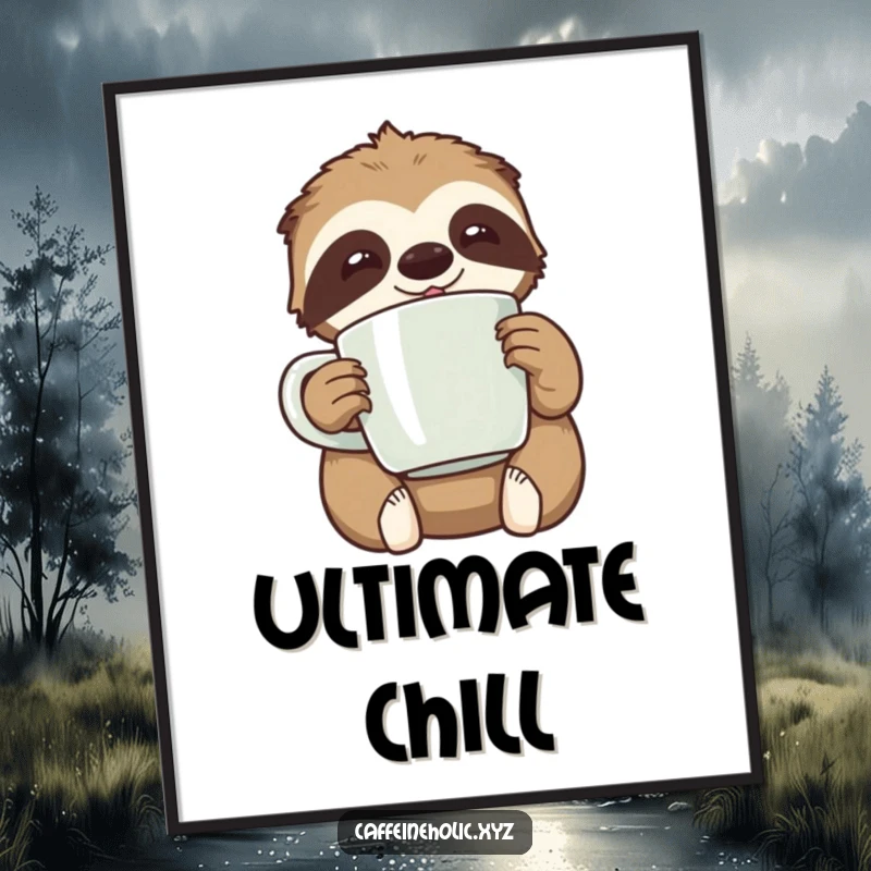 Funny kawaii sloth happily clutching an oversized coffee mug, looking relaxed, downloadable funny art for relaxing spaces.