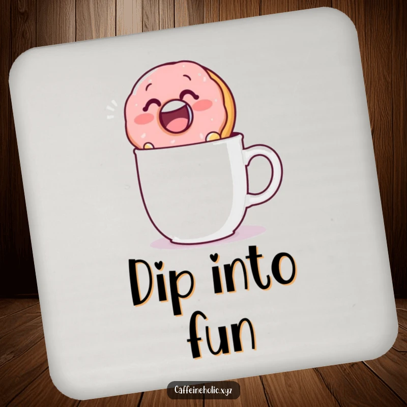 Funny drink coasters featuring a donut dunking into a mug, protecting surfaces with a sweet and humorous design.