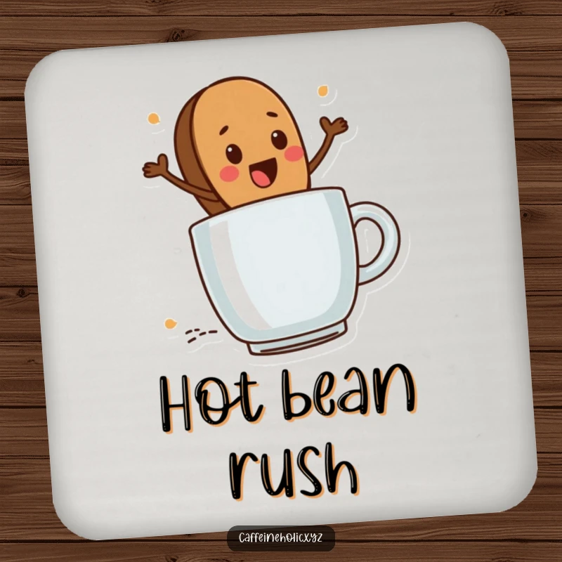 Funny Coffee Bean Coaster Set: Cute coffee bean character excitedly riding a steaming mug, humorous coasters for drink protection.