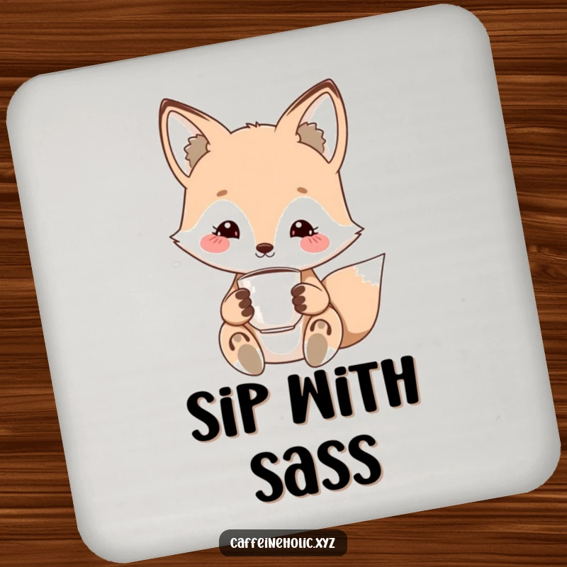 Funny kawaii fox drink coaster set, cute fox with a charming smile, holding a tiny espresso cup, stylish protection.