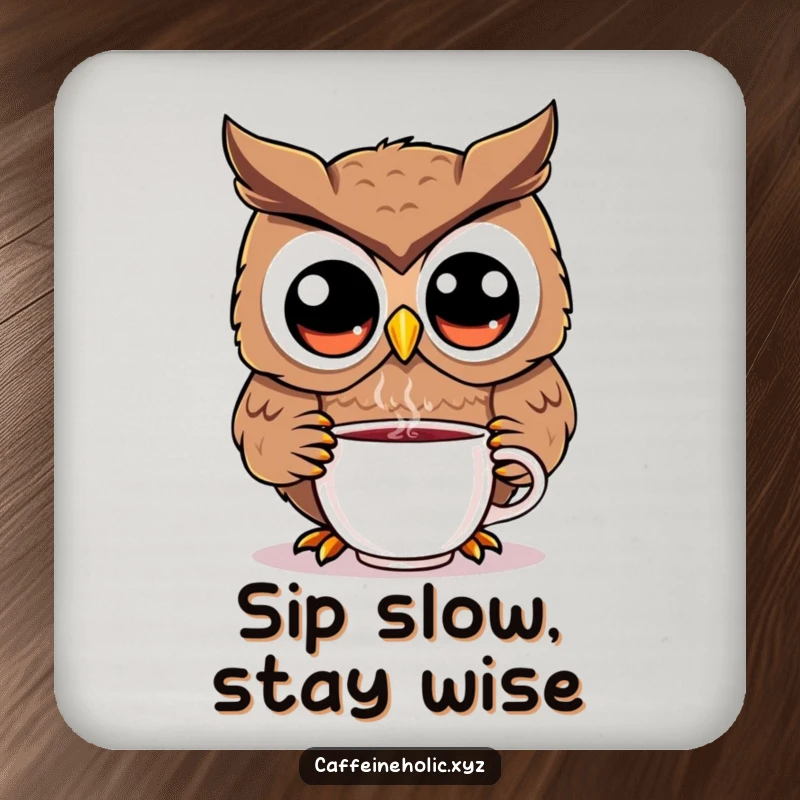 Funny kawaii owl drink coaster set, protecting surfaces with cute owl art, great for coffee tables.