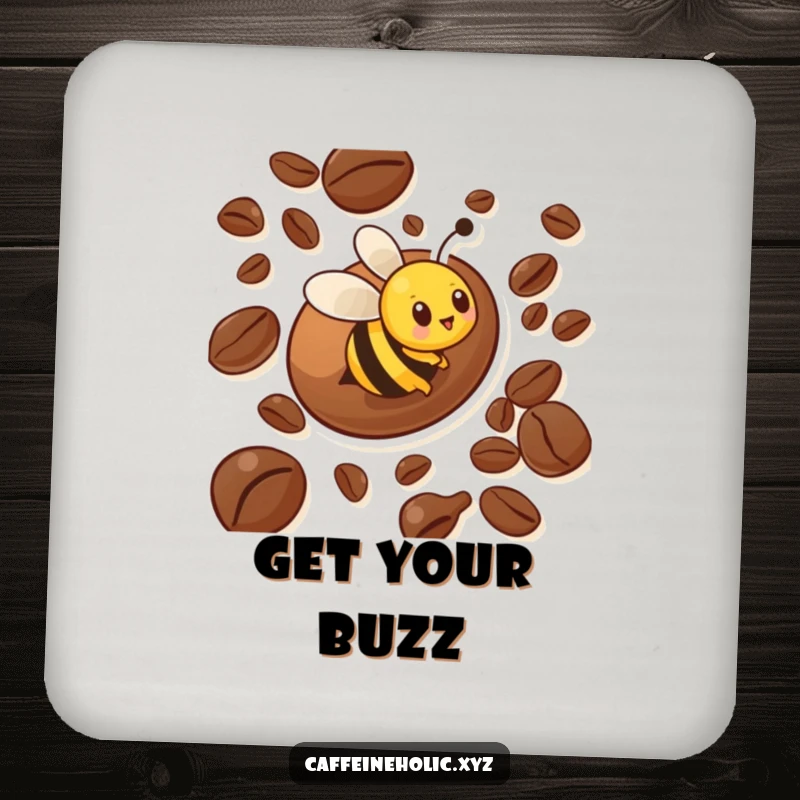 Funny drink coaster showing a busy bee character energetically circling a large coffee bean, protecting surfaces with a humorous and energetic design.