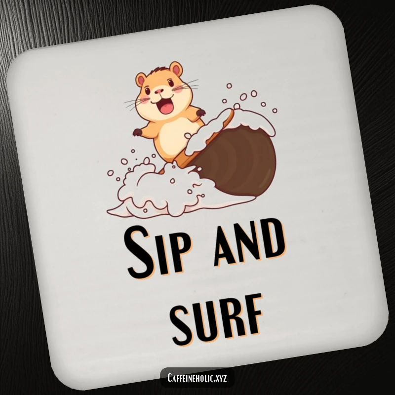 Funny drink coaster showing a delighted capybara surfing a wave of coffee foam, protecting surfaces with a humorous and serene design.