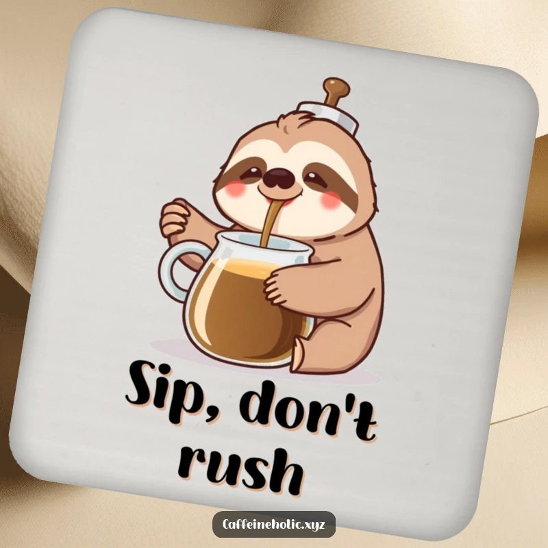 Funny Sloth Coffee Coaster: A cheerful sloth slowly pours coffee from a giant pot with a happy sigh, humorously protecting surfaces.