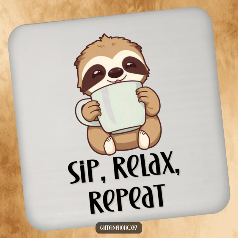 Funny kawaii sloth happily clutching an oversized coffee mug, looking relaxed, a protective and funny drink coaster.