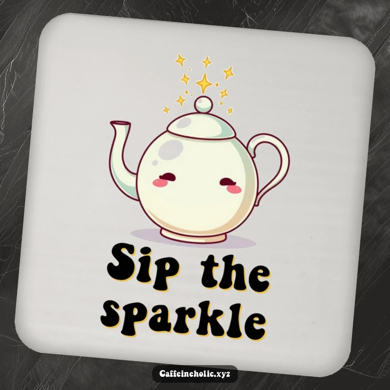 Funny drink coasters featuring a teapot pouring sparkling energy, protecting surfaces with a touch of whimsical magic.