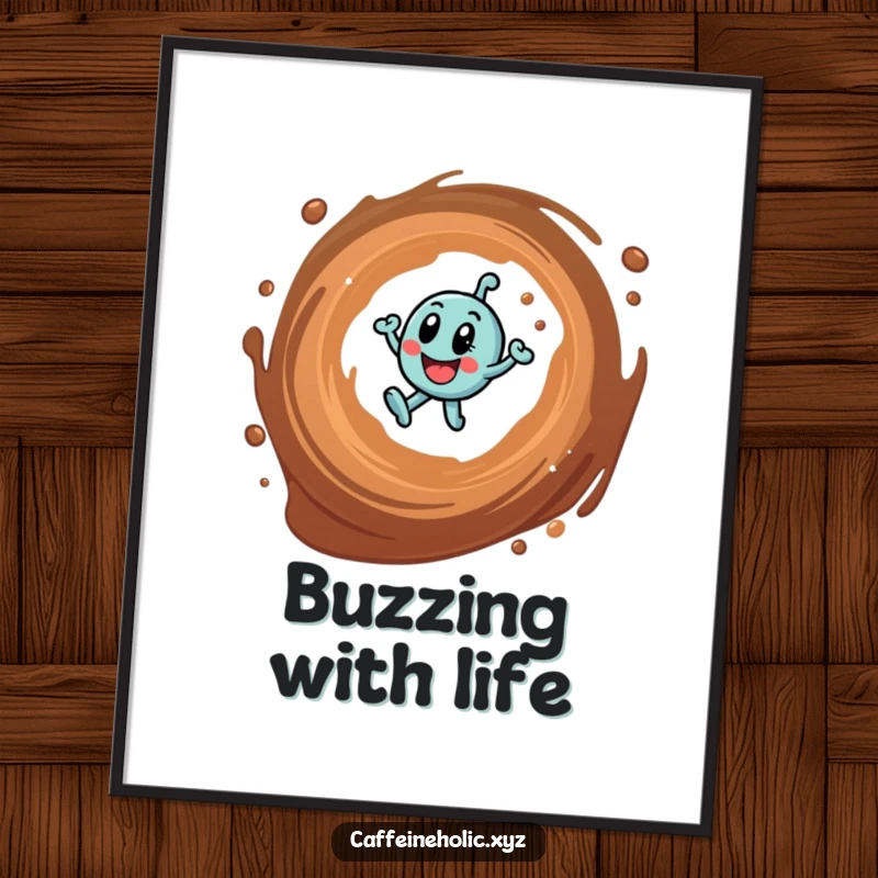 Funny poster illustrating an energetic caffeine molecule in a dynamic coffee swirl, adding humor and vibrancy to wall decor.