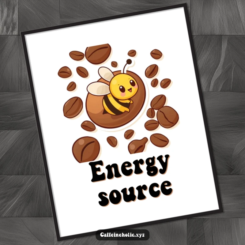 Funny poster art of a busy bee character in frantic motion around a giant coffee bean, creating an energetic and humorous visual.