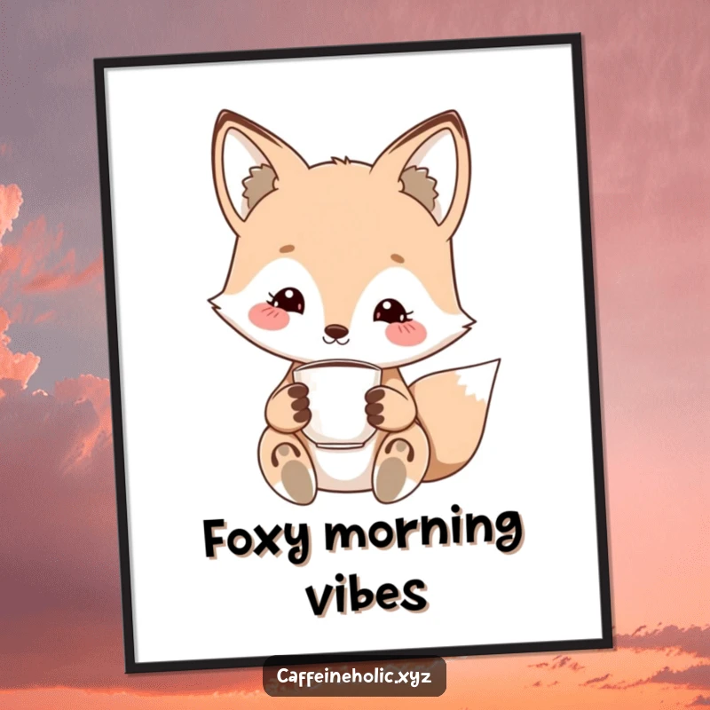 Funny kawaii fox poster, cute fox with a charming smile, holding a tiny espresso cup, elegant wall art.