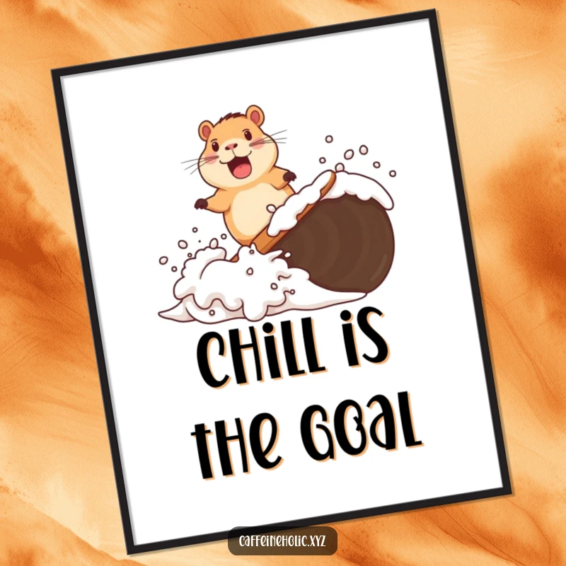 Funny poster art of a delighted capybara blissfully surfing a wave of rich coffee foam, creating a humorous and relaxing visual.