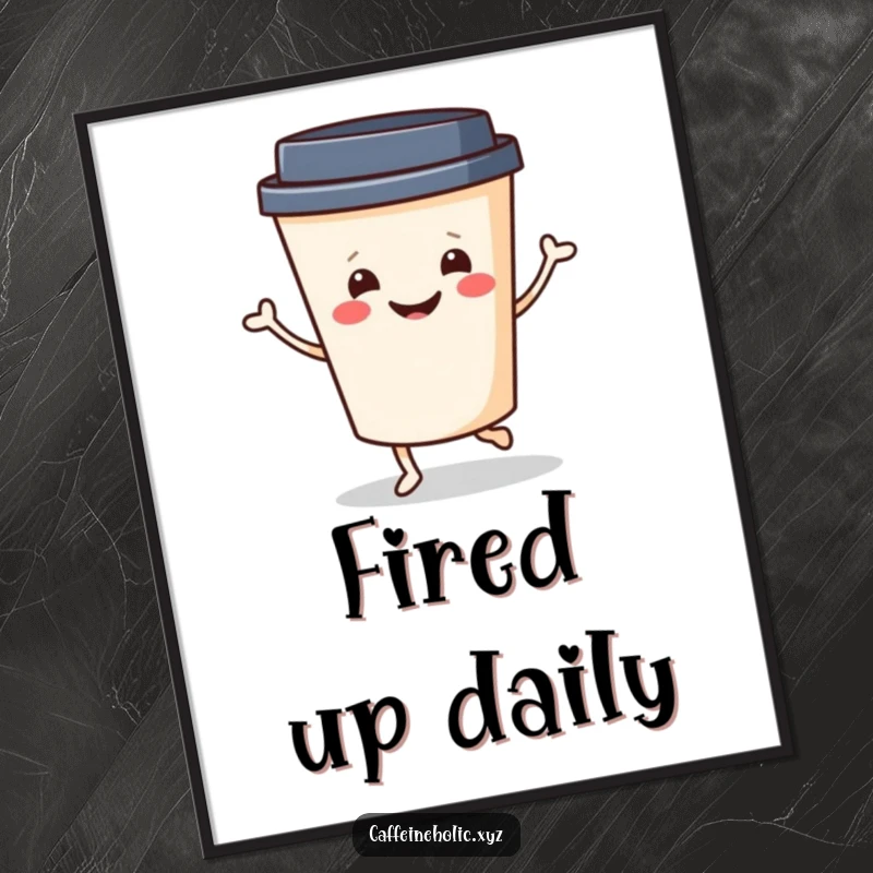 Funny Coffee Jig Poster: Cheerful coffee cup with a smiling face doing a little jig, humorous wall art for a cheerful vibe.