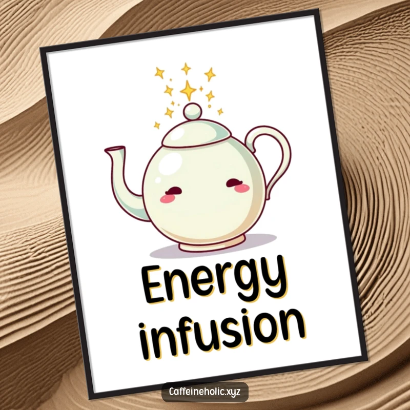 Funny poster depicting a playful teapot pouring a stream of vibrant, sparkling energy, adding whimsical art to decor.