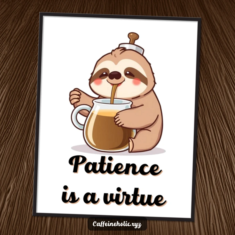 Funny Sloth Coffee Poster: A cheerful sloth slowly pours coffee from a giant pot with a happy sigh, evoking peaceful humor.
