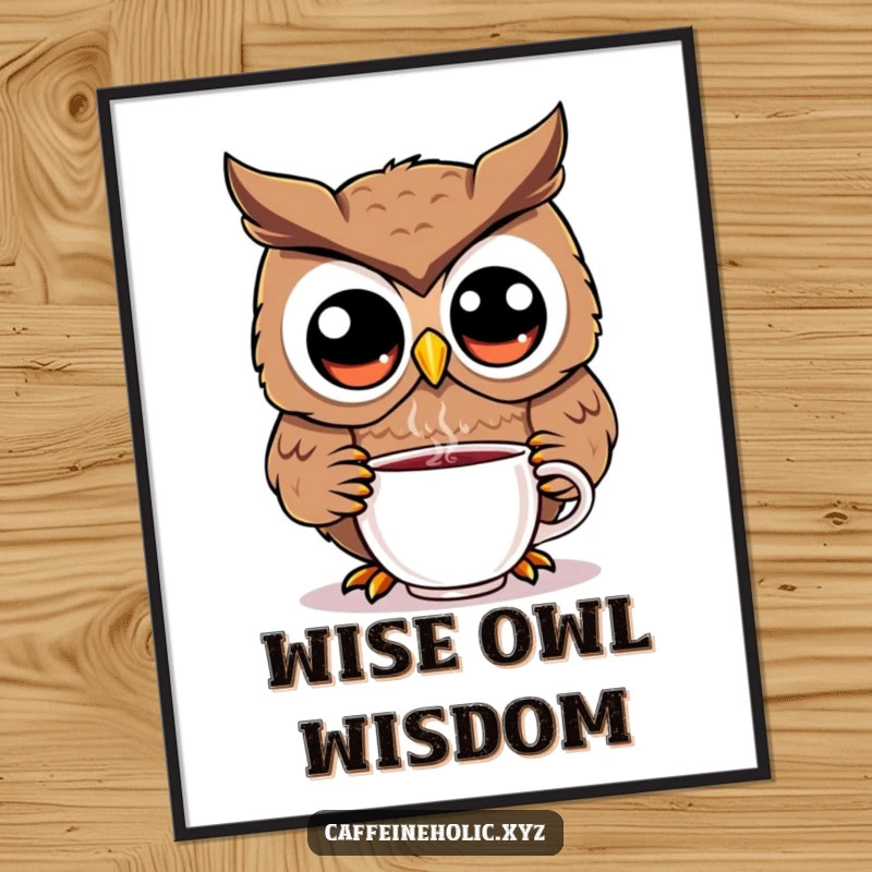 Funny kawaii owl poster art, featuring a big-eyed owl enjoying a hot beverage, creating a cheerful atmosphere.