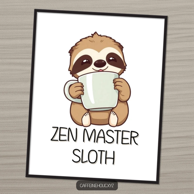 Funny kawaii sloth happily clutching an oversized coffee mug, looking relaxed, a poster celebrating slow living.