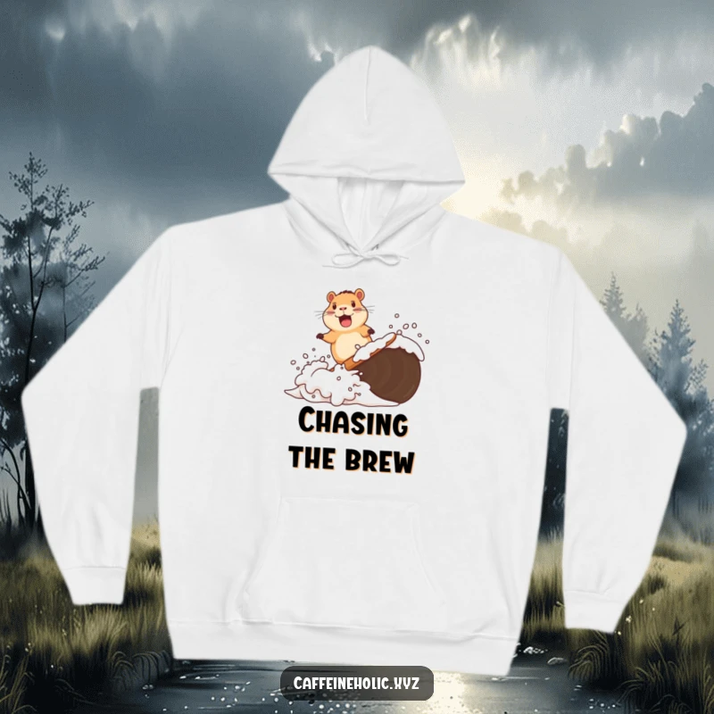 Funny hoodie depicting a delighted capybara gracefully surfing a wave made of coffee foam, offering cozy, humorous, and relaxed vibes.