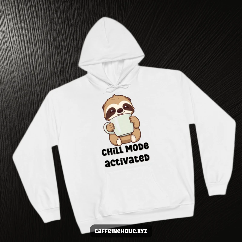 Funny kawaii sloth happily clutching an oversized coffee mug, looking relaxed, a warm and funny hoodie.
