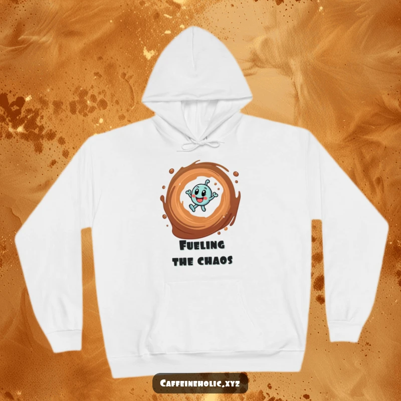 Funny hoodie showcasing an ecstatic caffeine molecule dancing within a swirling coffee vortex, offering warmth and humor.