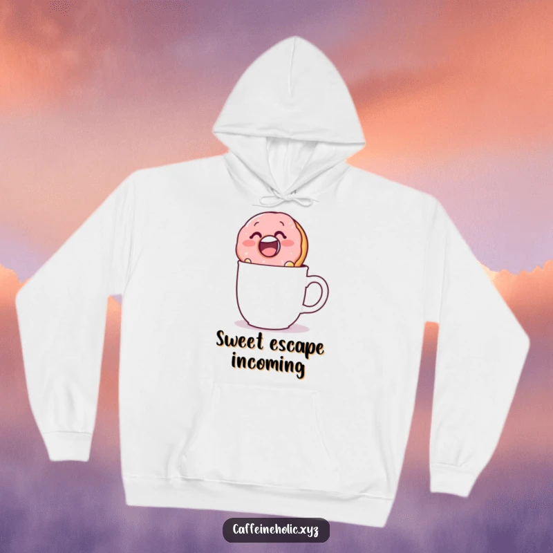 Funny hoodie depicting a happy donut plunging into a mug, combining cozy warmth with playful dessert humor.