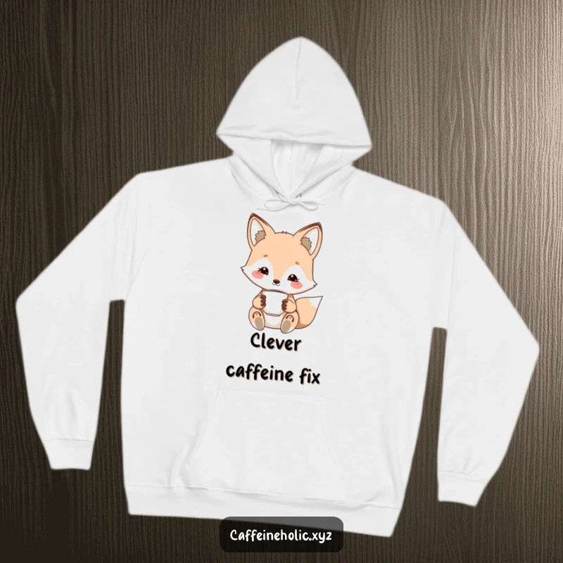 Funny kawaii fox hoodie, featuring a cute fox with a charming smile, holding a tiny espresso cup, warm and cozy.