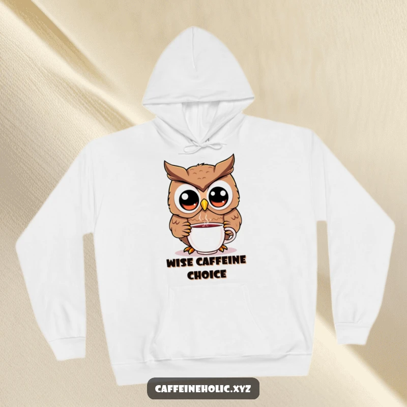 Funny kawaii owl hoodie featuring a cute owl with big eyes sipping from a hot cup of coffee.