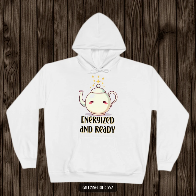 Funny hoodie featuring a teapot pouring sparkling energy, combining cozy comfort with a touch of whimsical magic.