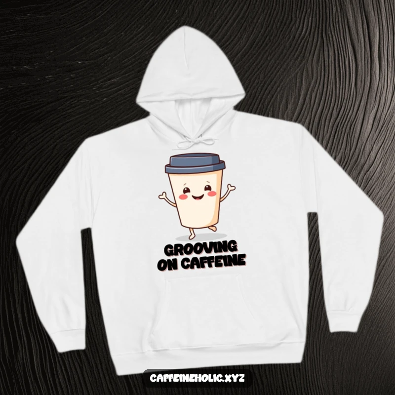 Funny Coffee Dance Hoodie: Cheerful coffee cup with a smiling face doing a little jig, humorous and cozy apparel.