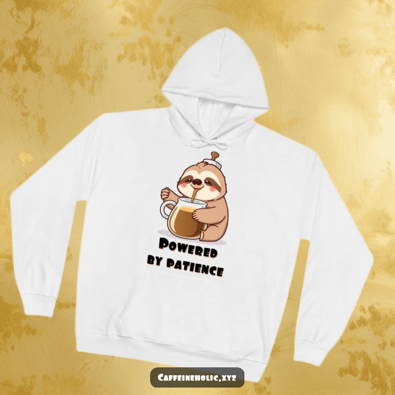 Funny Sloth Coffee Hoodie: A cheerful sloth slowly pours coffee from a giant pot with a happy sigh, radiating cozy humor.