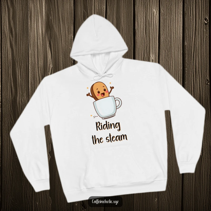 Funny Coffee Bean Adventure Hoodie: Cute coffee bean character excitedly riding a steaming mug, humorous and cozy apparel.
