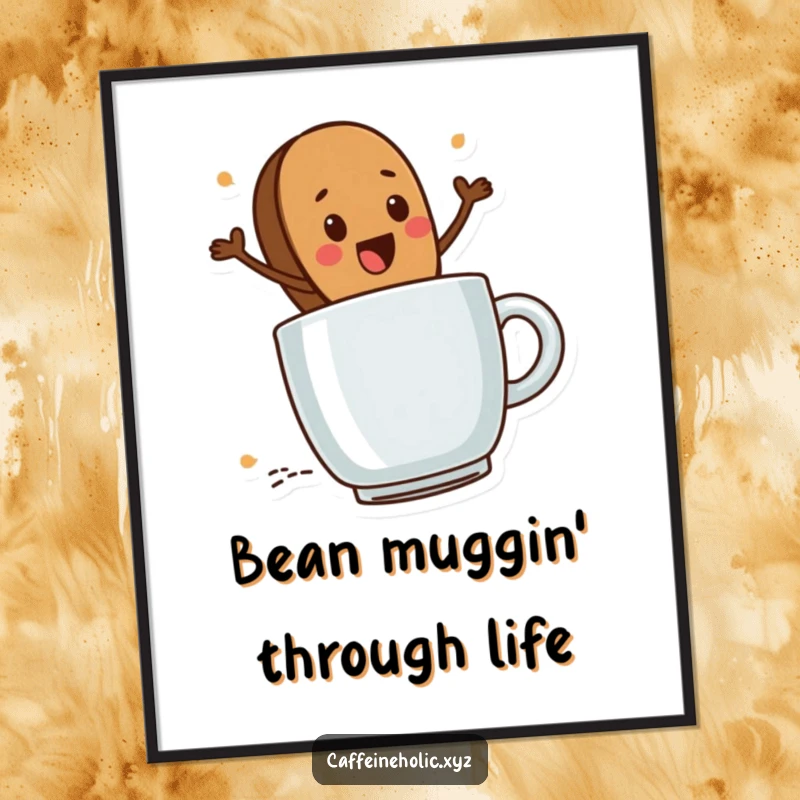 Funny Free Printable Wall Art: Cute coffee bean character riding a steaming mug, exciting journey, hilarious downloadable decor.
