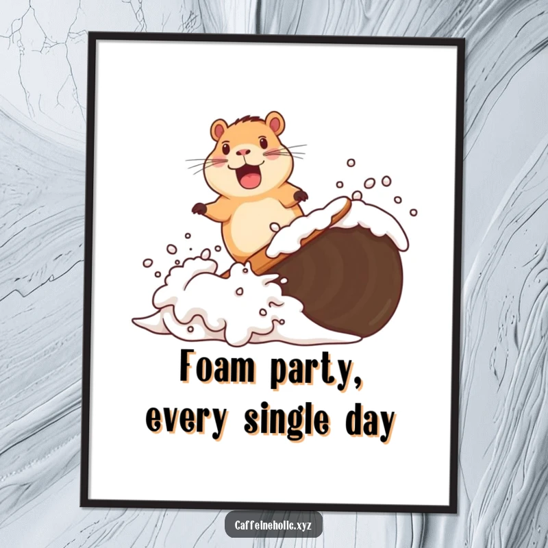 Funny free printable wall art depicting a capybara blissfully surfing a towering wave made of coffee foam.