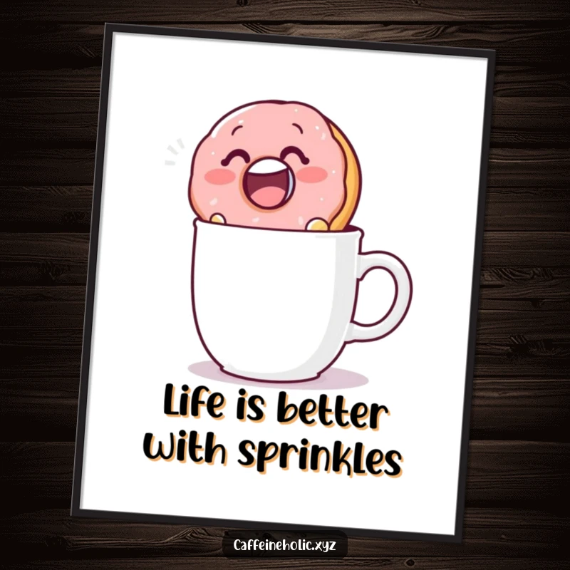 Funny free printable wall art featuring a delighted donut making a splash diving into a coffee mug.