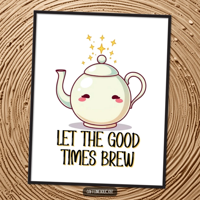 Funny free printable wall art of a playful teapot showering the viewer with a torrent of glittering, energetic sparks.