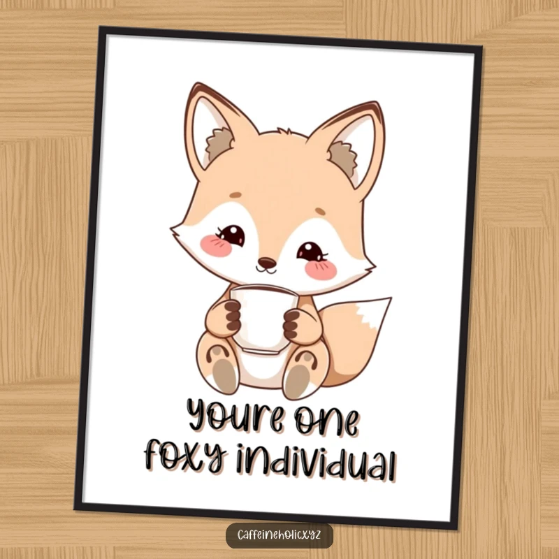 Funny Free Printable Kawaii Fox Wall Art, featuring the creature with a charming smile, holding a tiny espresso, exuding style.