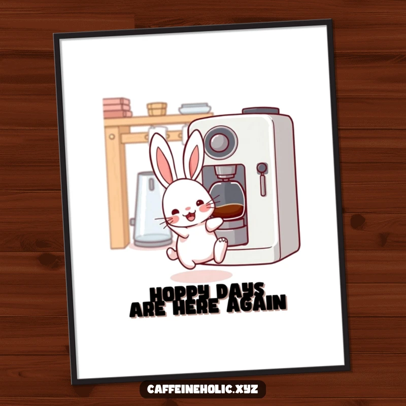 Funny Free Printable Kawaii Rabbit Wall Art, showing the creature with twitching whiskers, vibrating with excitement near a coffee machine.