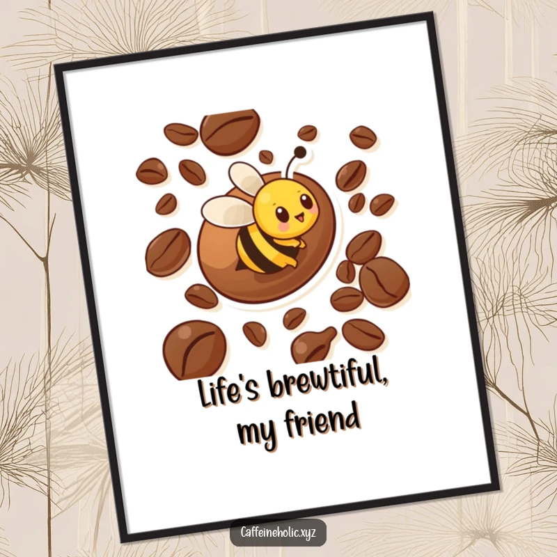 Funny free printable wall art showcasing a busy bee character making laps around a colossal coffee bean.