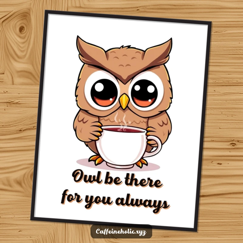 Funny Free Printable Kawaii Owl Wall Art, featuring the bird eagerly sipping a hot drink, perfect for coffee enthusiasts.