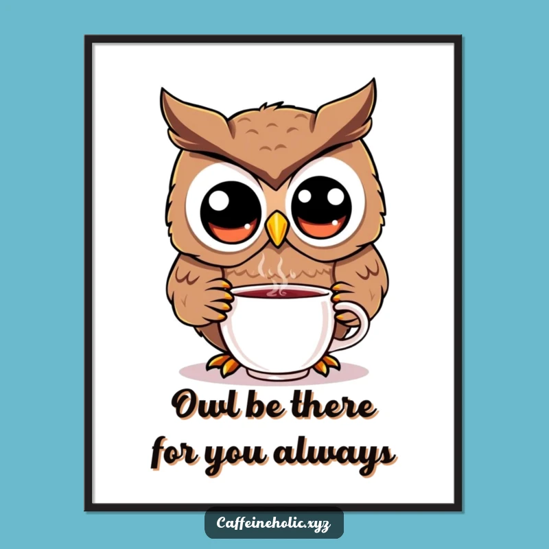 Funny Free Printable Kawaii Owl Wall Art: Coffee lover decor, a cute downloadable gift!