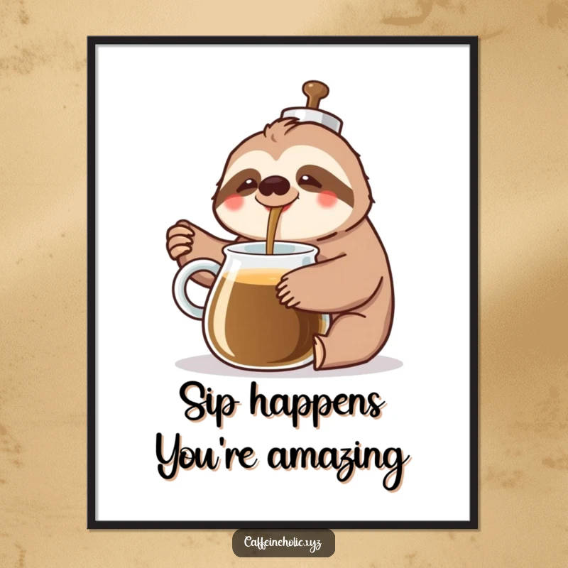 Funny Free Printable Wall Art: Cheerful sloth happily pours coffee from a gigantic pot, embodying a relaxed and cozy mood.