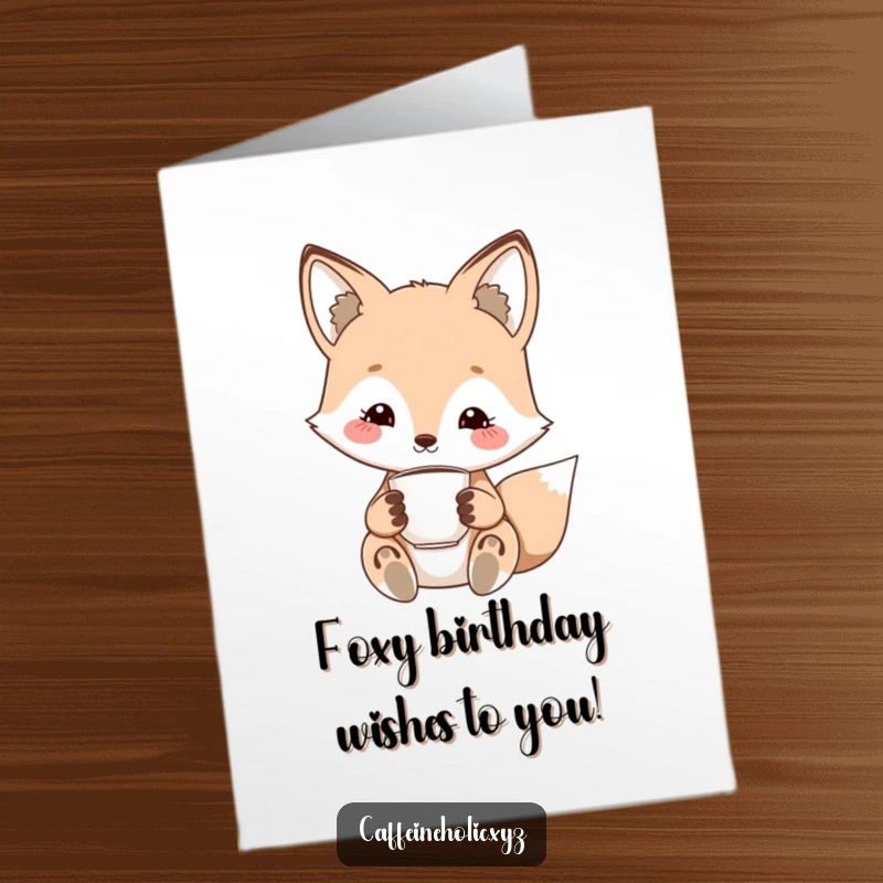 Funny Free Printable Birthday Card featuring a sly kawaii fox with a sweet smile, holding a minuscule espresso cup.