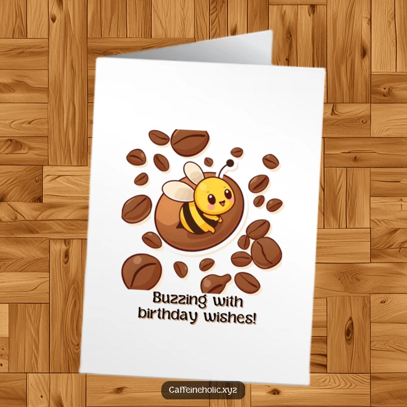 Funny free printable birthday card showing a busy bee character energetically zooming around a giant coffee bean.