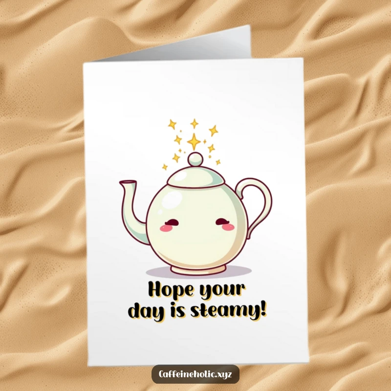 Funny free printable birthday card: a playful teapot pouring a stream of shimmering, sparkling energy.