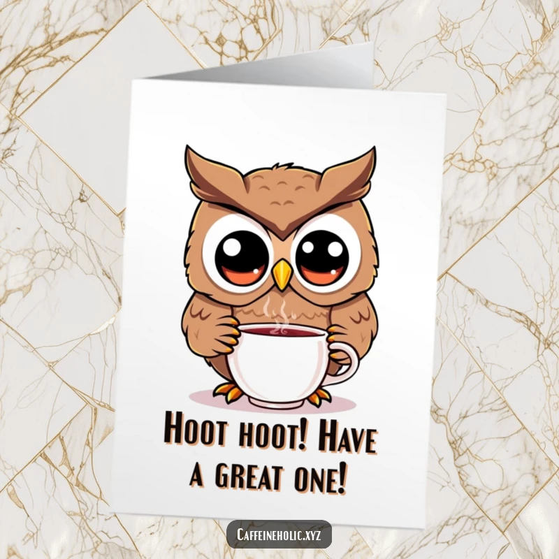 Funny Free Printable Birthday Card featuring a cute kawaii owl with big eyes, joyfully slurping from a hot steaming mug.