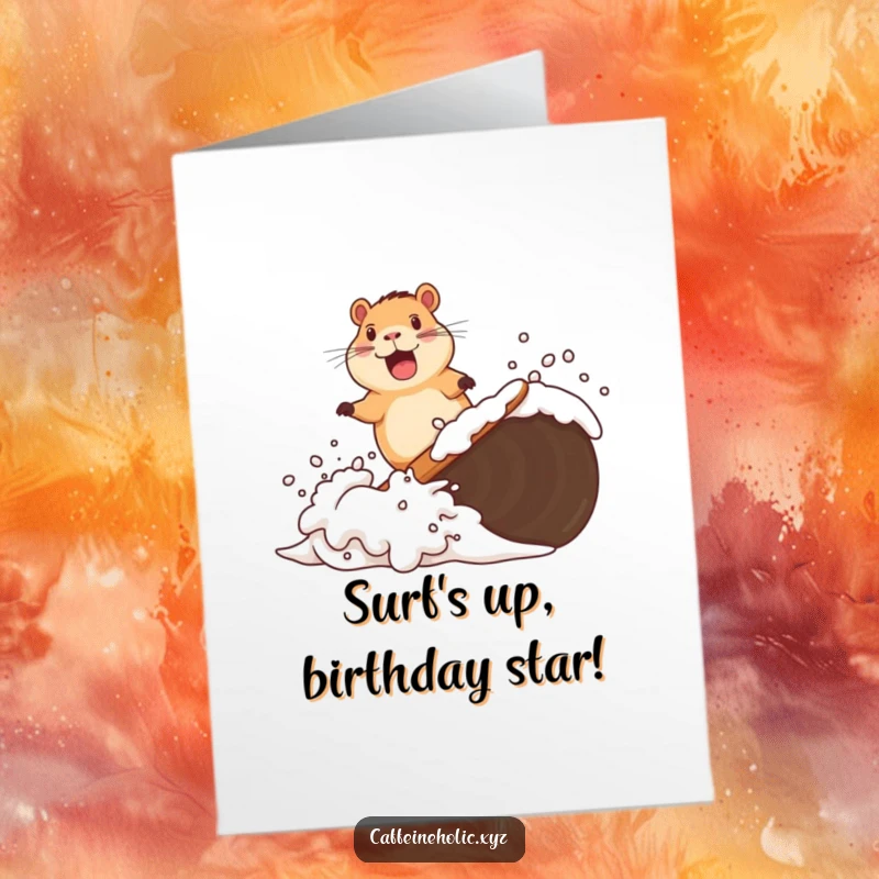 Funny free printable birthday card showing a happy capybara surfing a giant wave made of coffee foam.