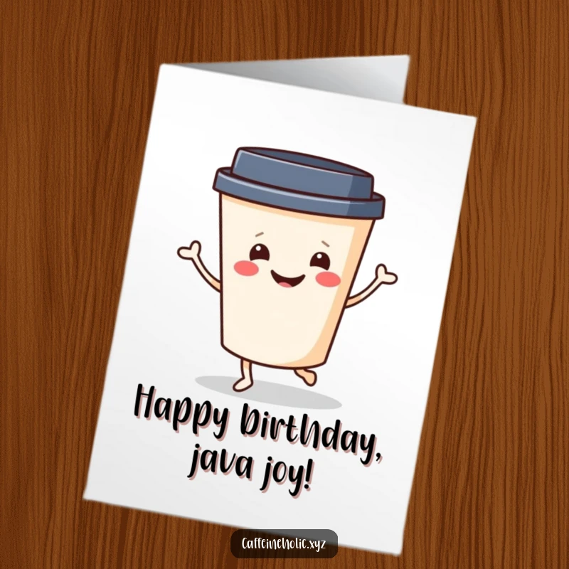 Funny Free Printable Birthday Card: Cheerful coffee cup with smiling face doing a jig, pure happiness, hilarious downloadable gift.