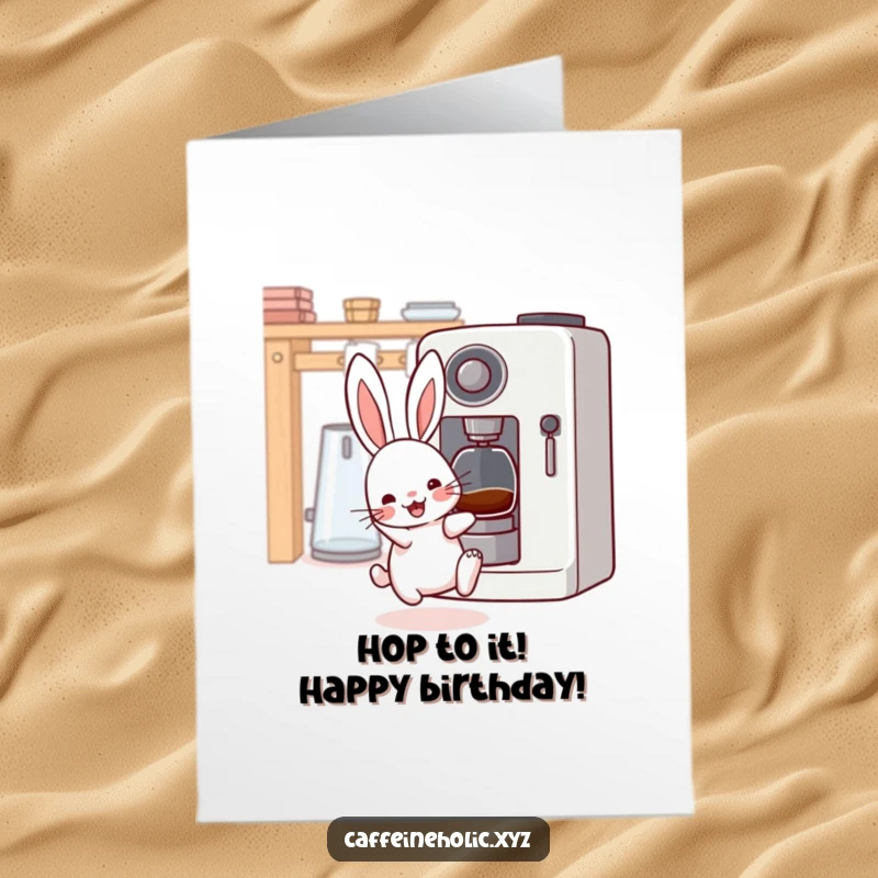 Funny Free Printable Birthday Card showcasing a kawaii rabbit with twitching whiskers, excitedly hopping by a coffee machine.