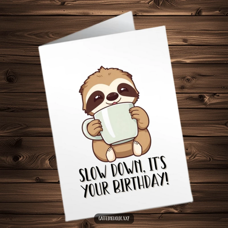 Funny Free Printable Birthday Card: Kawaii sloth happily clutches a giant coffee mug, looking very relaxed.