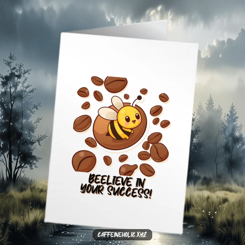 Funny free printable congratulations card featuring a bee character zipping energetically around a large coffee bean.