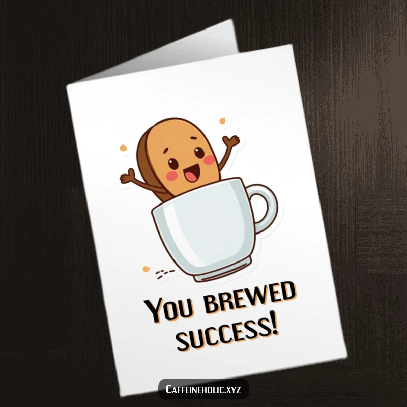Funny Free Printable Congrats Card: Cute coffee bean character riding a steaming mug, celebrating success, an adventurous downloadable gift.