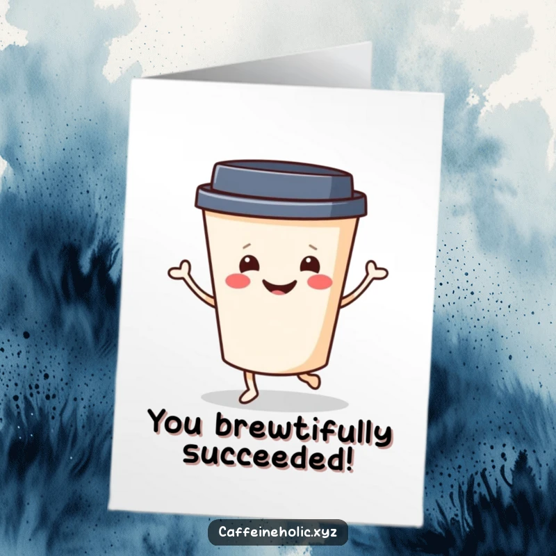 Funny Free Printable Congrats Card: Cheerful coffee cup with smiling face doing a jig, celebrating victory, a fun downloadable gift.
